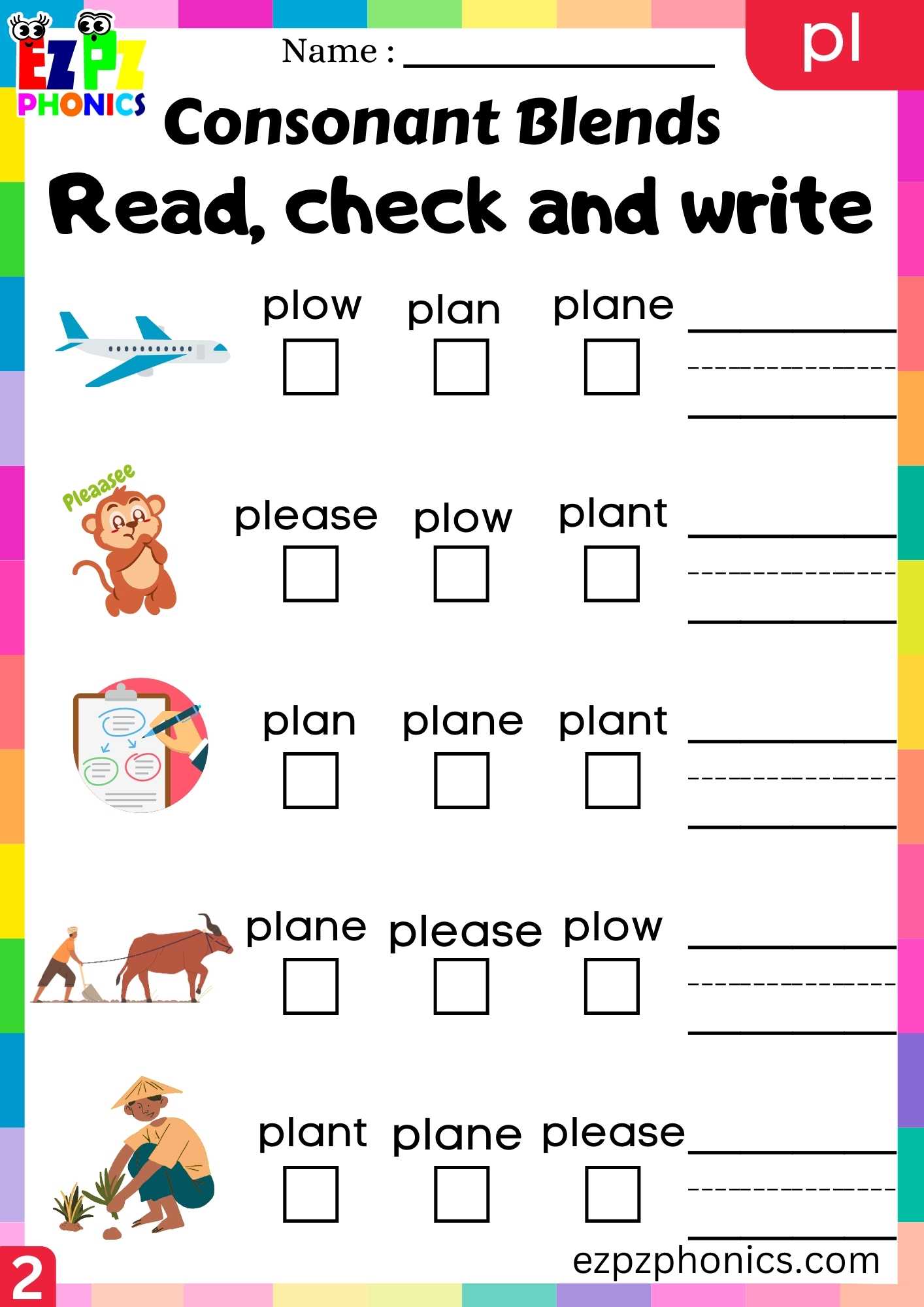 Group2 PL Words Read, Check And Write Phonics Consonant Blends Worksheet
